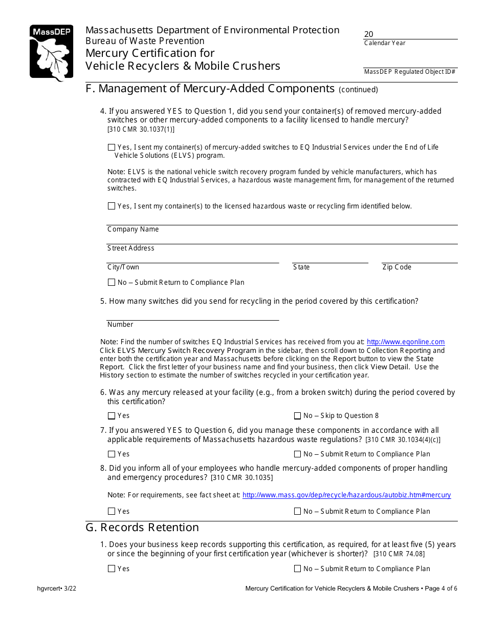 Mercury Certification for Vehicle Recyclers  Mobile Crushers - Massachusetts, Page 4