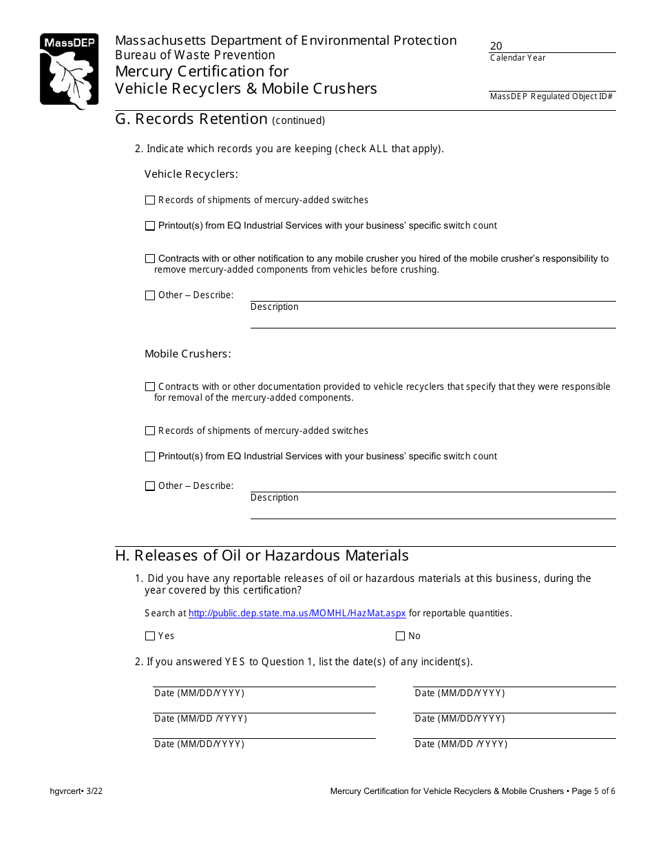 Mercury Certification for Vehicle Recyclers  Mobile Crushers - Massachusetts, Page 5