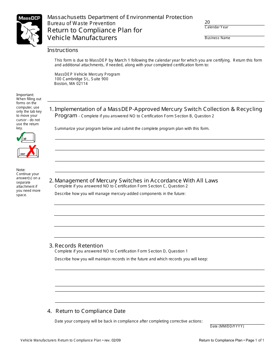 Return to Compliance Plan for Vehicle Manufacturers - Massachusetts, Page 1