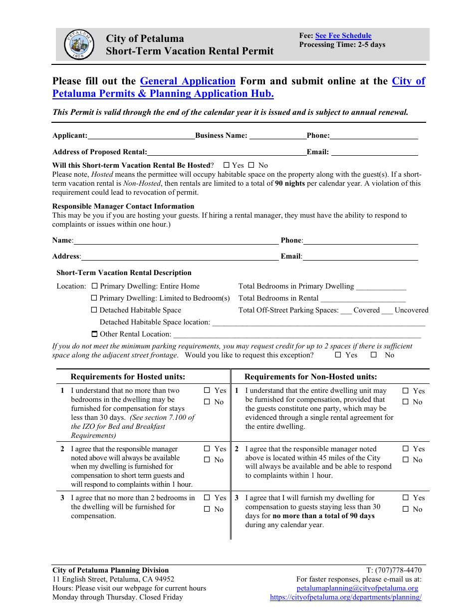 City of Petaluma, California ShortTerm Vacation Rental Permit Download