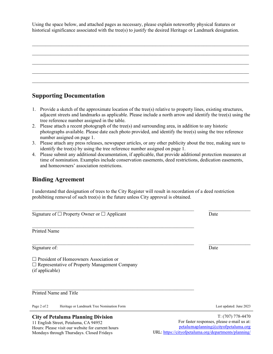 Heritage or Landmark Tree Nomination Form - City of Petaluma, California, Page 2