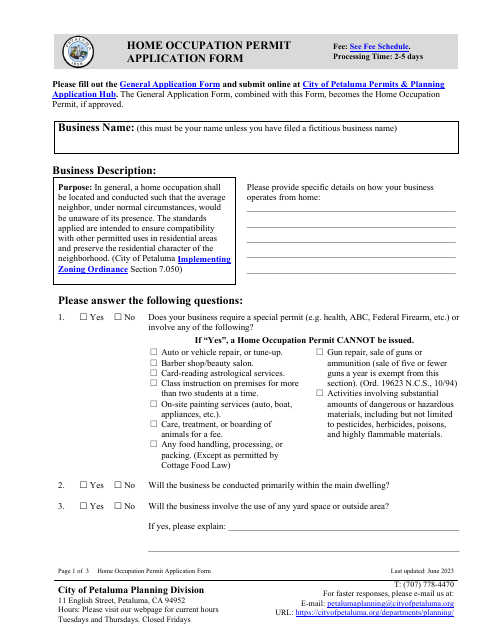 Home Occupation Permit Application Form - City of Petaluma, California Download Pdf