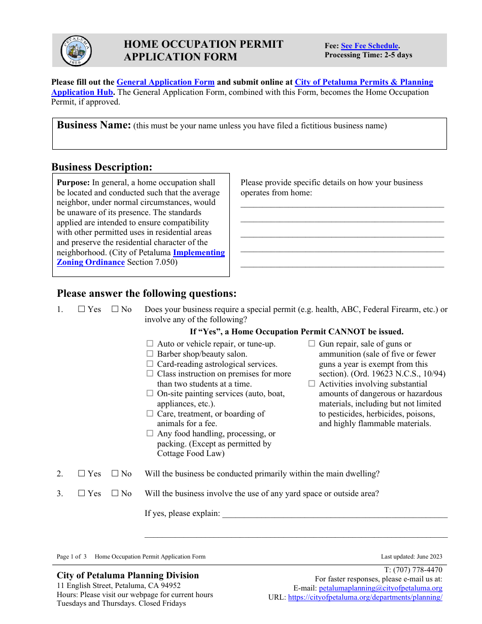 Home Occupation Permit Application Form - City of Petaluma, California, Page 1