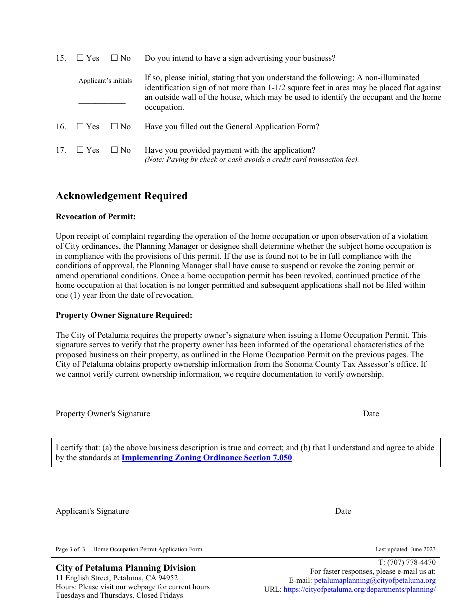 Home Occupation Permit Application Form - City of Petaluma, California, Page 3