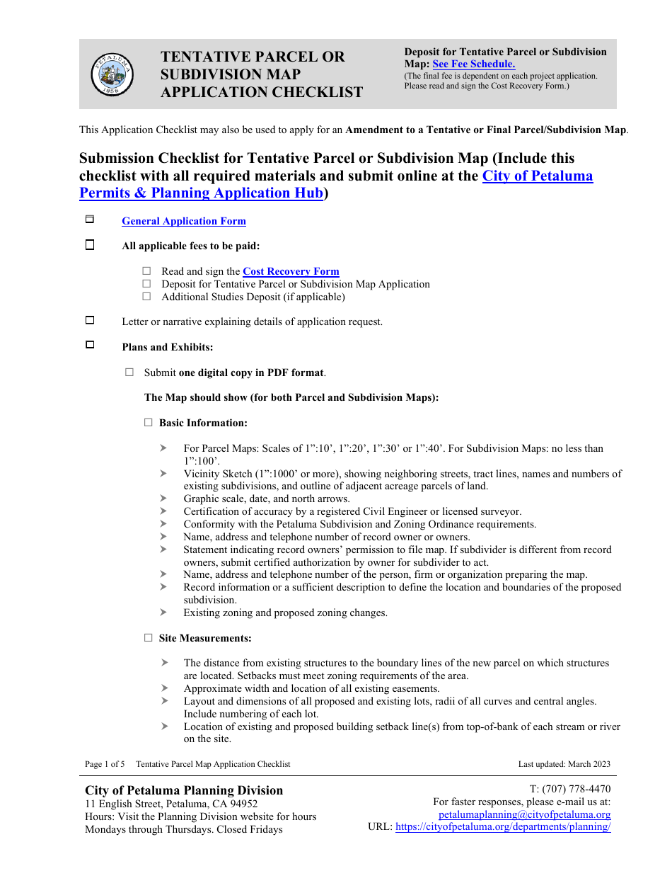 Tentative Parcel or Subdivision Map Application Checklist - City of Petaluma, California, Page 1