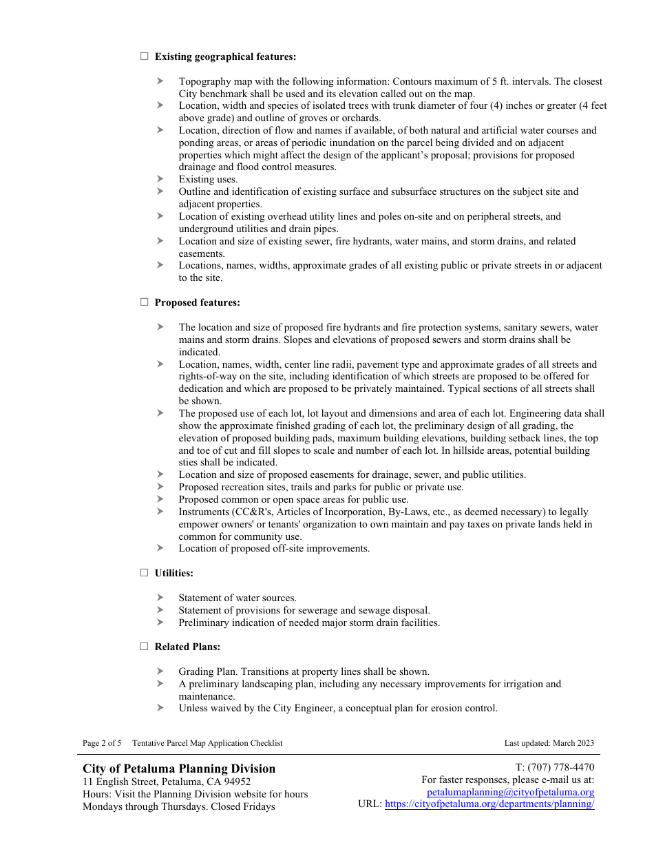 Tentative Parcel or Subdivision Map Application Checklist - City of Petaluma, California, Page 2