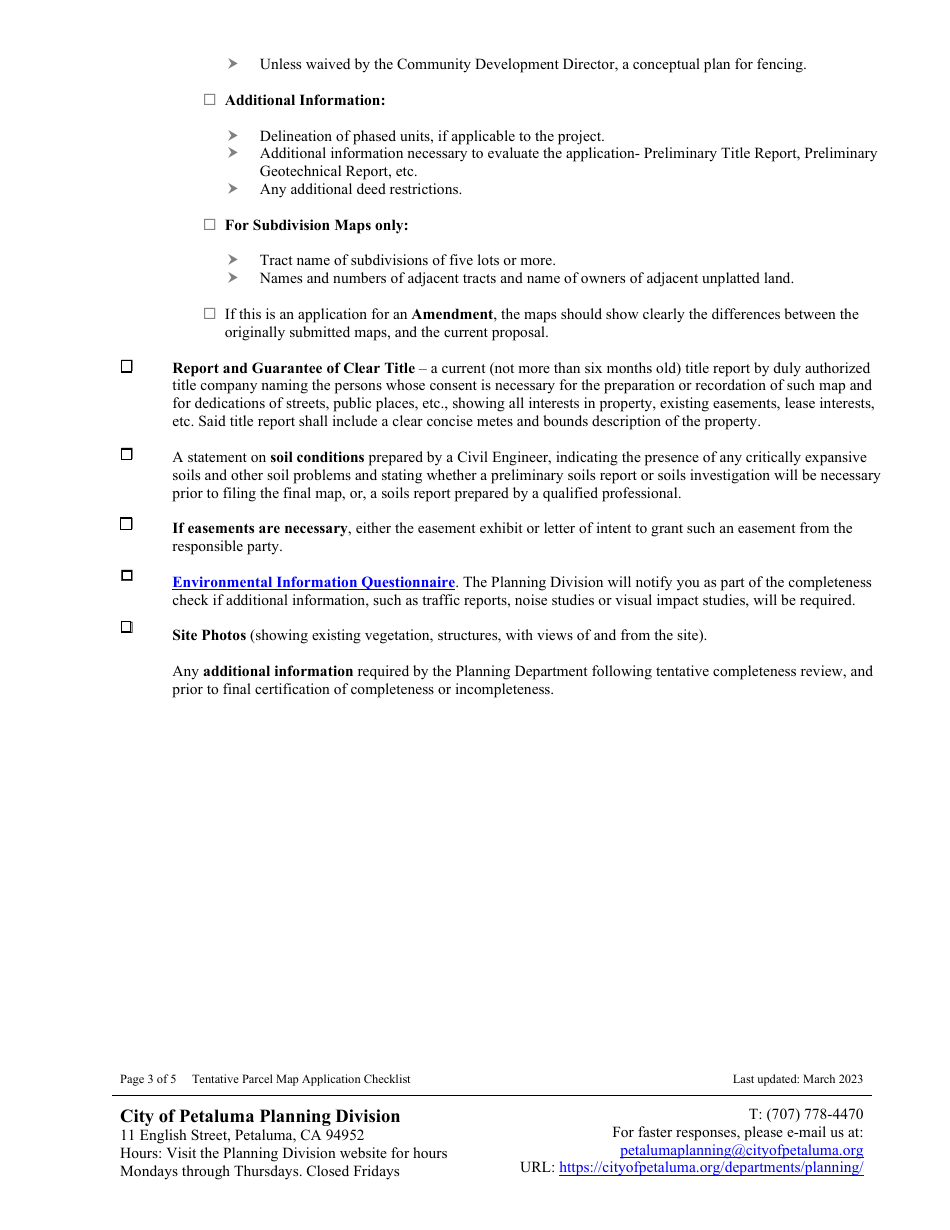 Tentative Parcel or Subdivision Map Application Checklist - City of Petaluma, California, Page 3