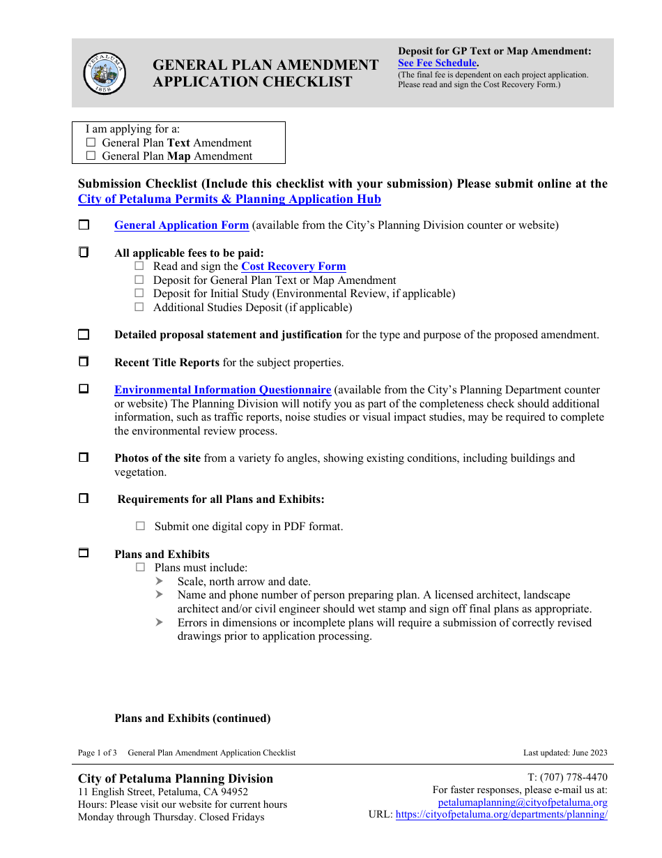 General Plan Amendment Application Checklist - City of Petaluma, California, Page 1