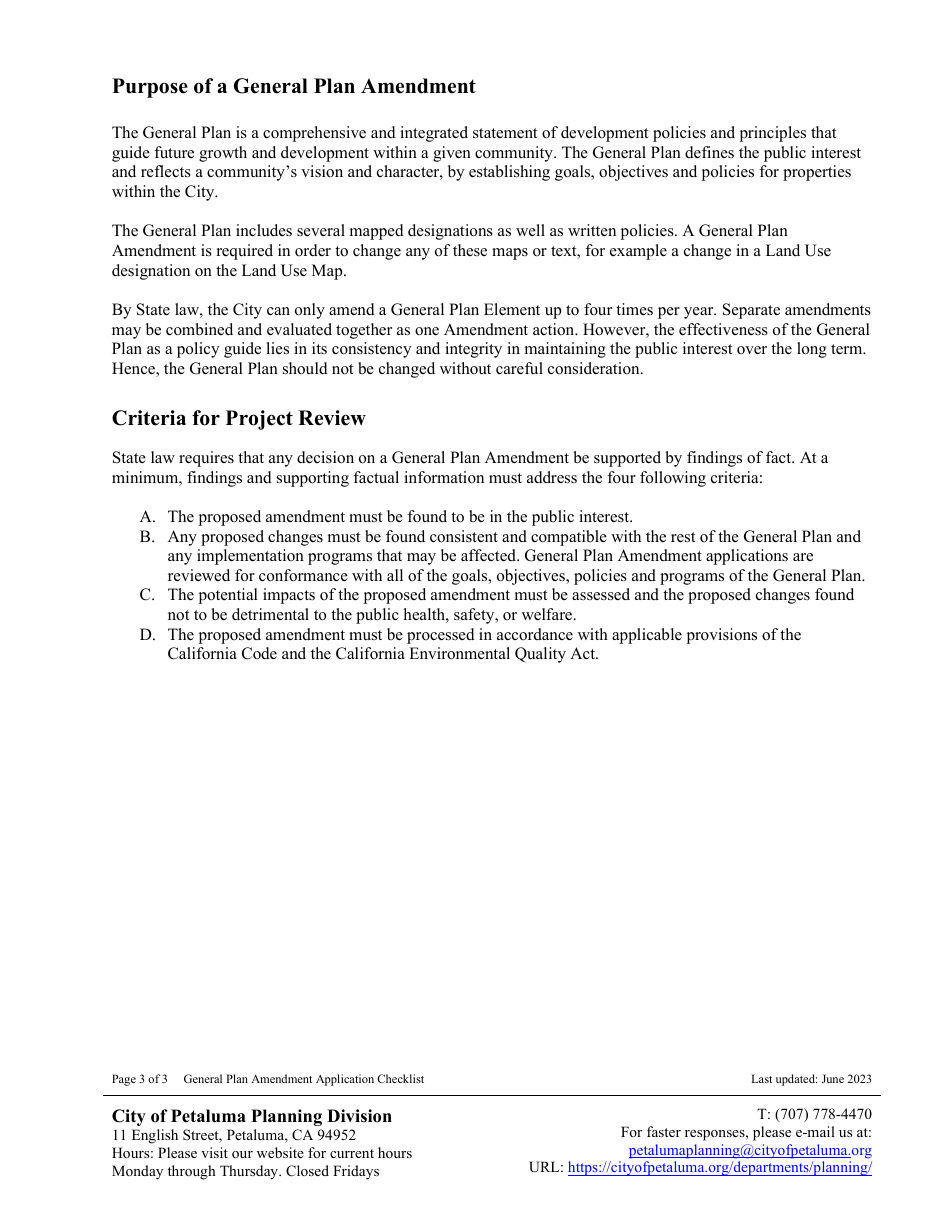 General Plan Amendment Application Checklist - City of Petaluma, California, Page 3
