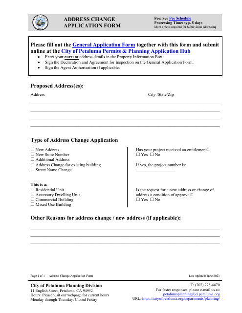 Address Change Application Form - City of Petaluma, California