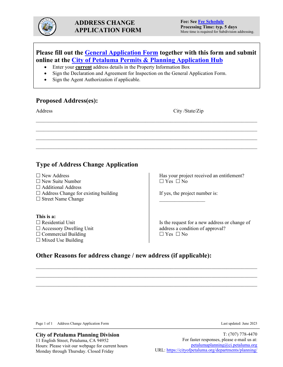 Address Change Application Form - City of Petaluma, California, Page 1