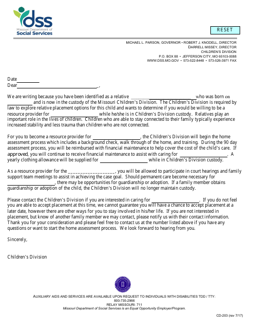 Form CD-203 Relative Notification Letter - Missouri