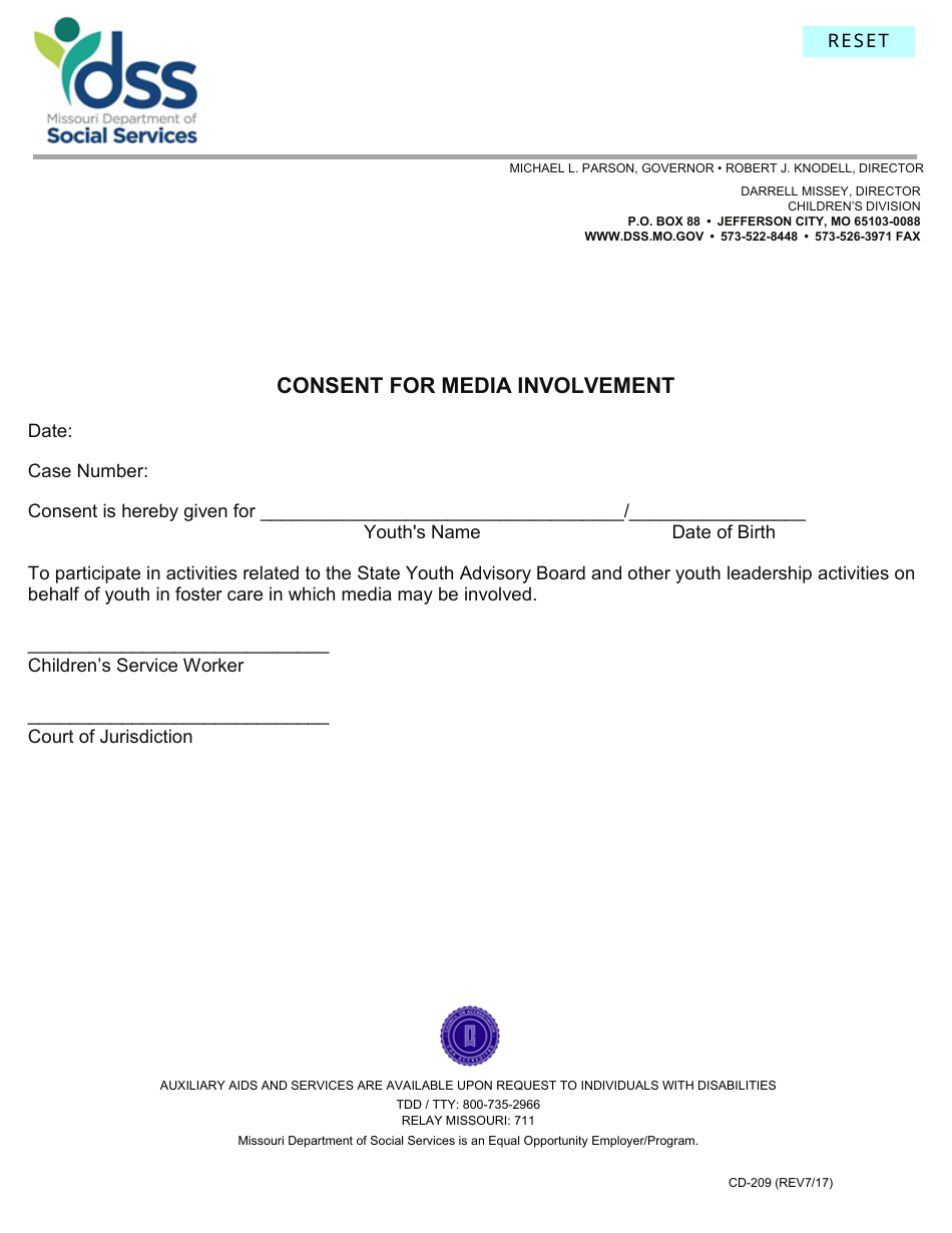 Form CD-209 Consent for Media Involvement - Missouri, Page 1
