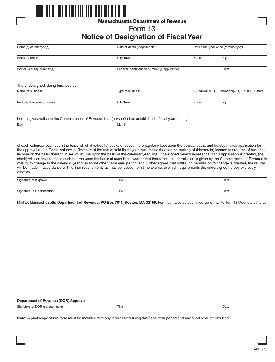 Form 13 Notice of Designation of Fiscal Year - Massachusetts, Page 1