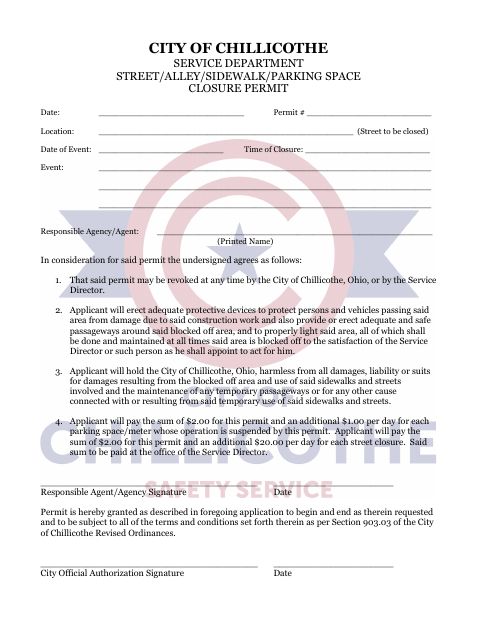 Street / Alley / Sidewalk / Parking Space Closure Permit - City of Chillicothe, Ohio Download Pdf