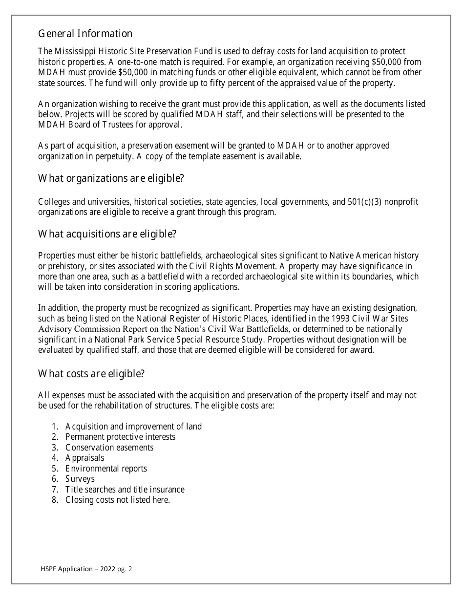 Mississippi Historic Site Preservation Fund Grant Application - Mississippi, Page 2