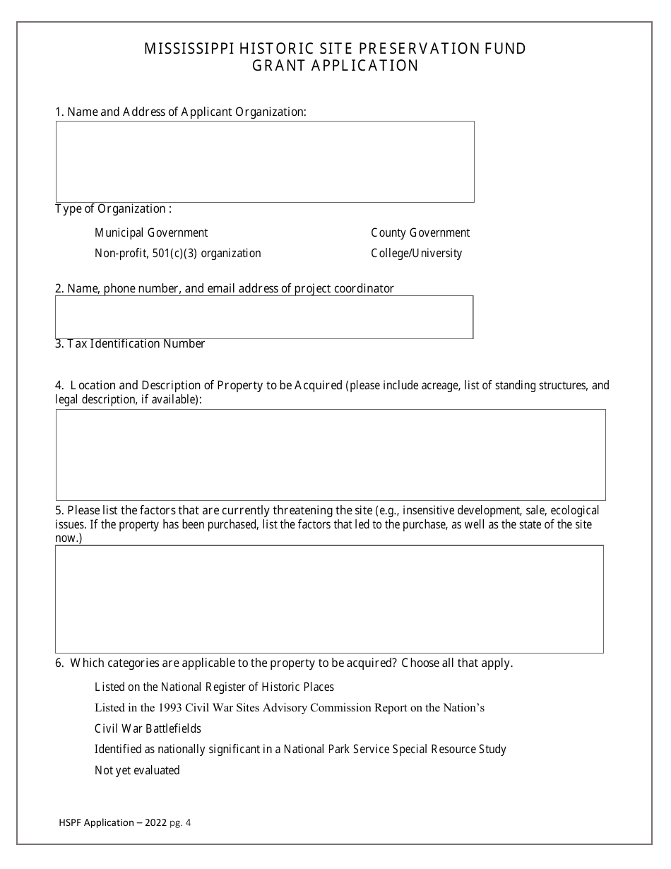 Mississippi Historic Site Preservation Fund Grant Application - Mississippi, Page 4
