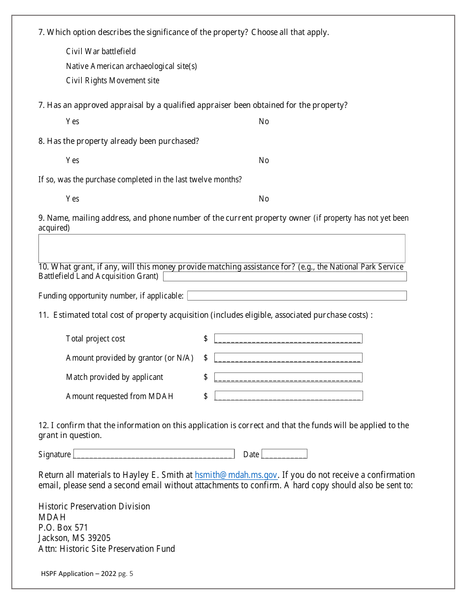 Mississippi Historic Site Preservation Fund Grant Application - Mississippi, Page 5