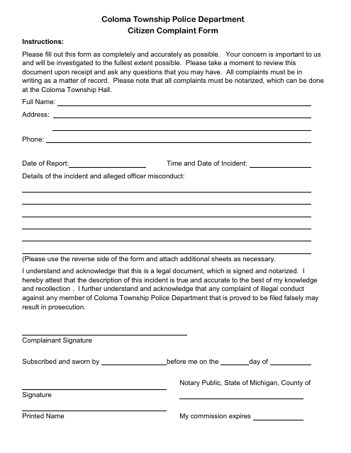 Citizen Complaint Form - Coloma Township, Michigan Download Pdf