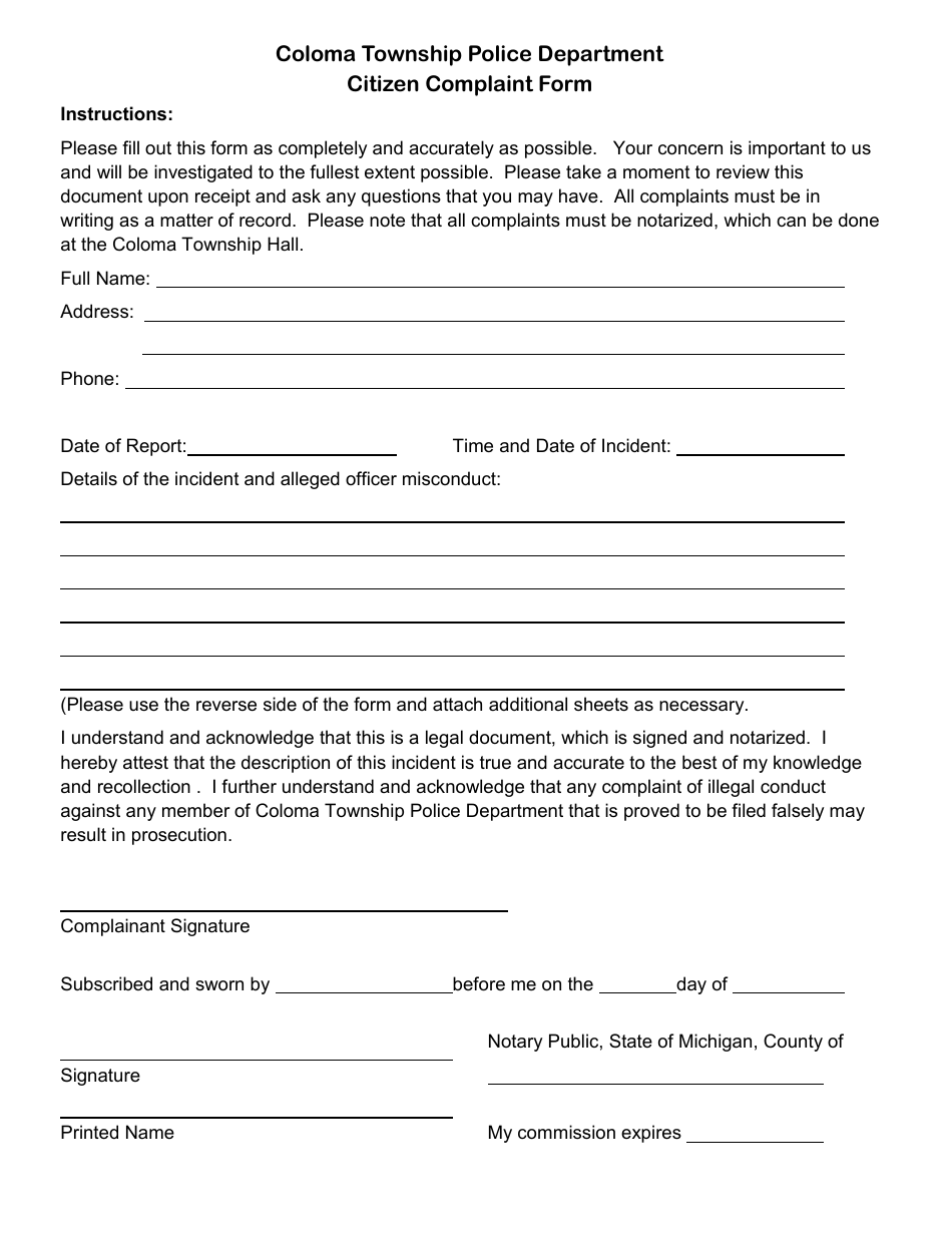 Citizen Complaint Form - Coloma Township, Michigan, Page 1