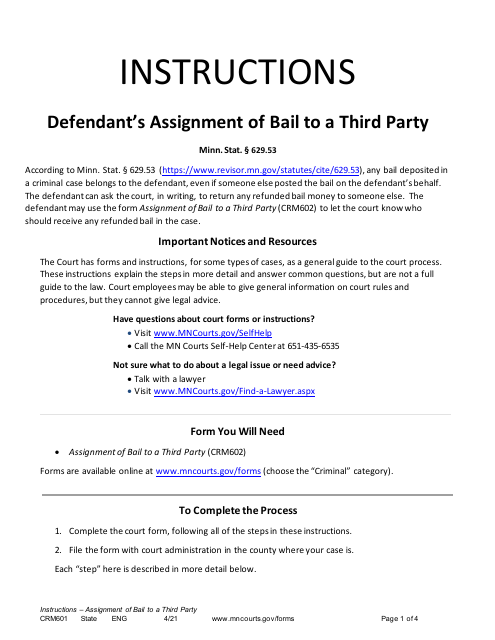 Form CRM601 Instructions - Defendant's Assignment of Bail to a Third Party - Minnesota