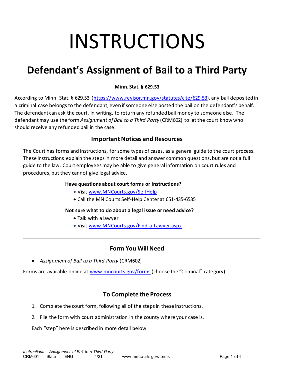 Form CRM601 Instructions - Defendants Assignment of Bail to a Third Party - Minnesota, Page 1