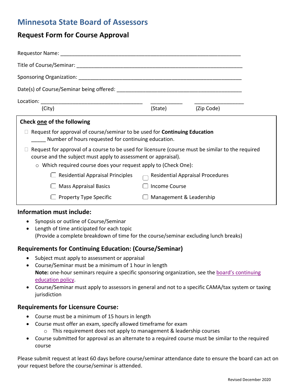 Request Form for Course Approval - Minnesota, Page 1