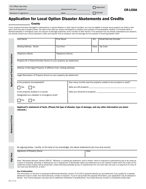 Form CR-LODA Application for Local Option Disaster Abatements and Credits - Minnesota