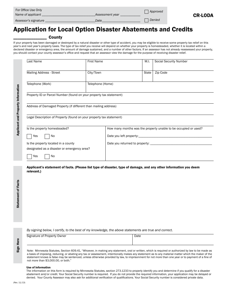 Form CR-LODA Application for Local Option Disaster Abatements and Credits - Minnesota, Page 1