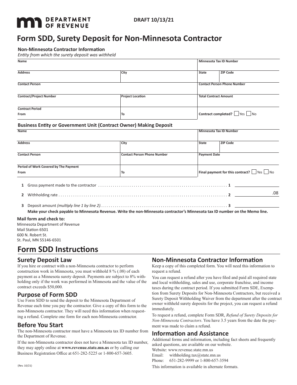 Form SDD Surety Deposit for Non-minnesota Contractor - Draft - Minnesota, Page 1