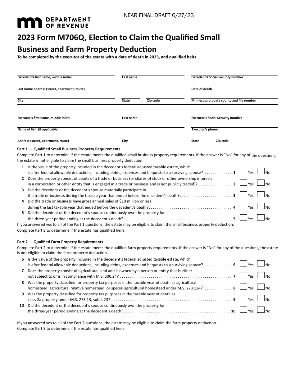 Form M706Q Election to Claim the Qualified Small Business and Farm Property Deduction - Draft - Minnesota, Page 1