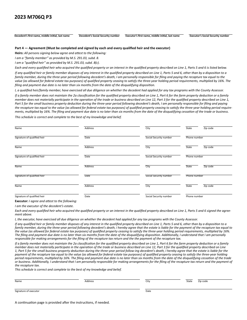 Form M706Q Election to Claim the Qualified Small Business and Farm Property Deduction - Draft - Minnesota, Page 3