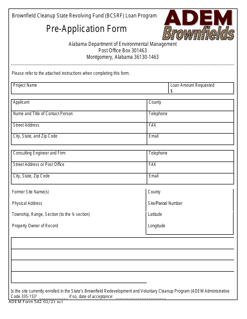 ADEM Form 542 Pre-application Form - Brownfield Cleanup State Revolving Fund (Bcsrf) Loan Program - Alabama