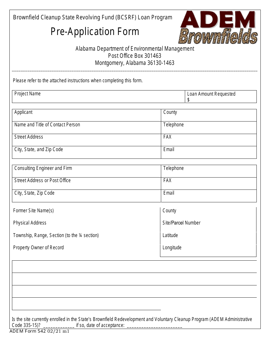 ADEM Form 542 Pre-application Form - Brownfield Cleanup State Revolving Fund (Bcsrf) Loan Program - Alabama, Page 1
