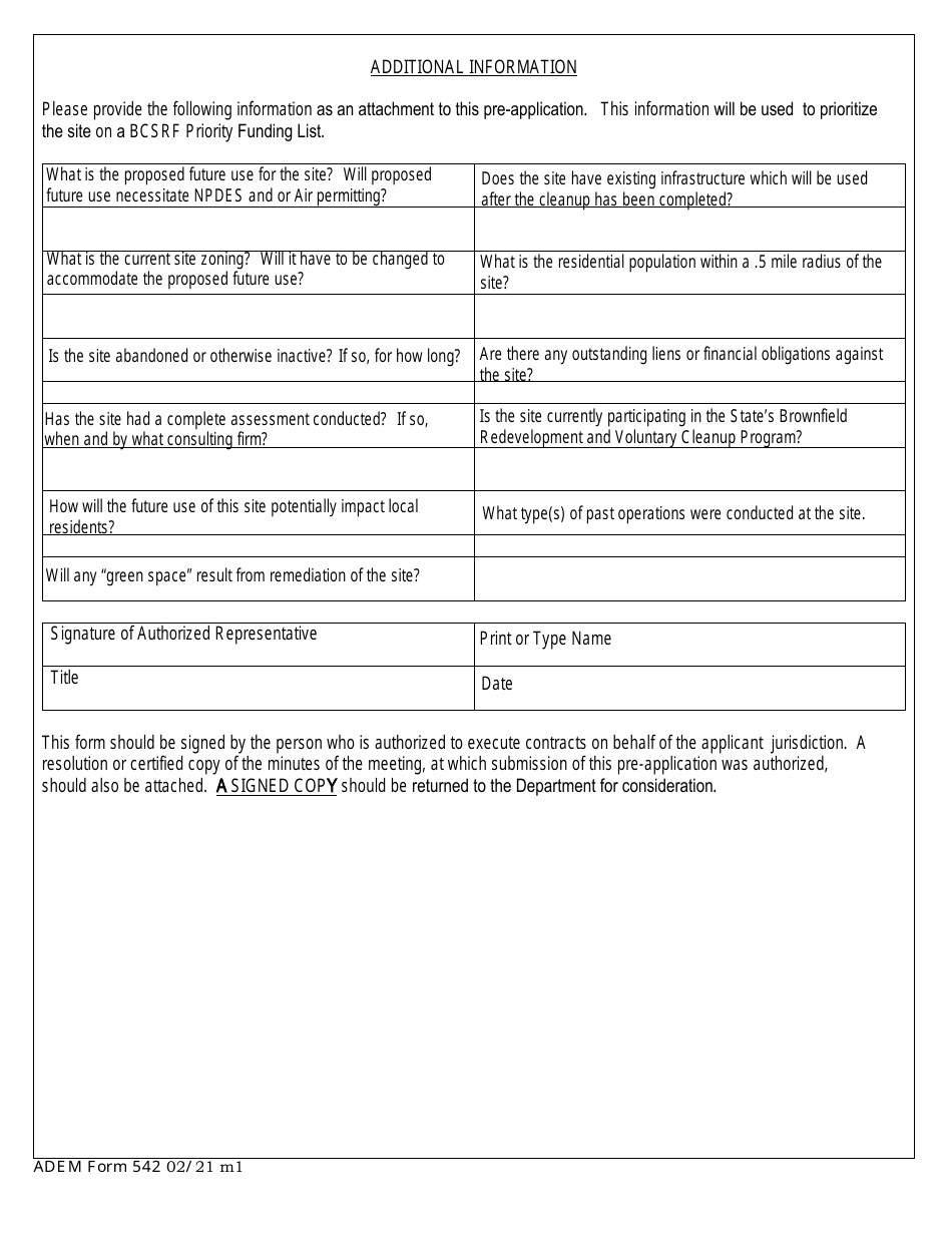 ADEM Form 542 Pre-application Form - Brownfield Cleanup State Revolving Fund (Bcsrf) Loan Program - Alabama, Page 3