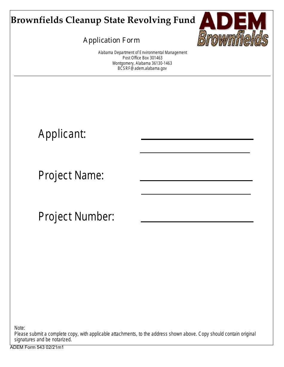 ADEM Form 543 Brownfields Cleanup State Revolving Fund Application Form - Alabama, Page 1