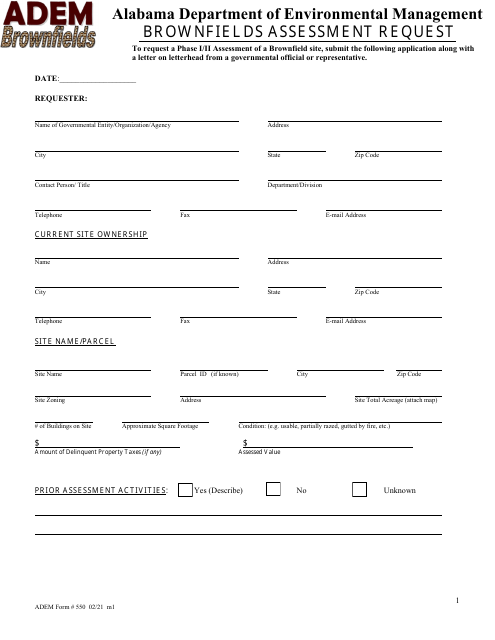 ADEM Form 550 Brownfields Assessment Request - Alabama