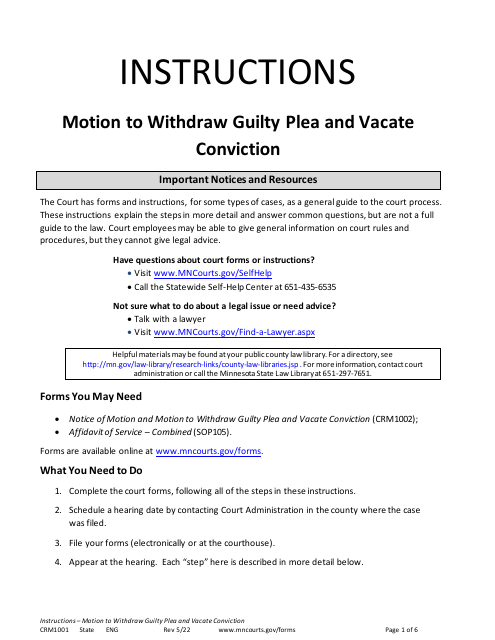 Form CRM1001 Instructions - Motion to Withdraw Guilty Plea and Vacate Conviction - Minnesota