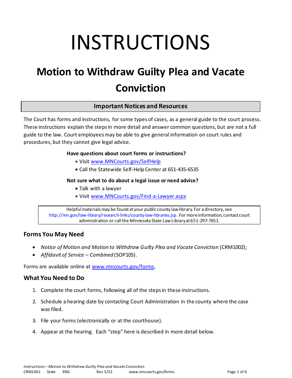 Form CRM1001 Instructions - Motion to Withdraw Guilty Plea and Vacate Conviction - Minnesota, Page 1