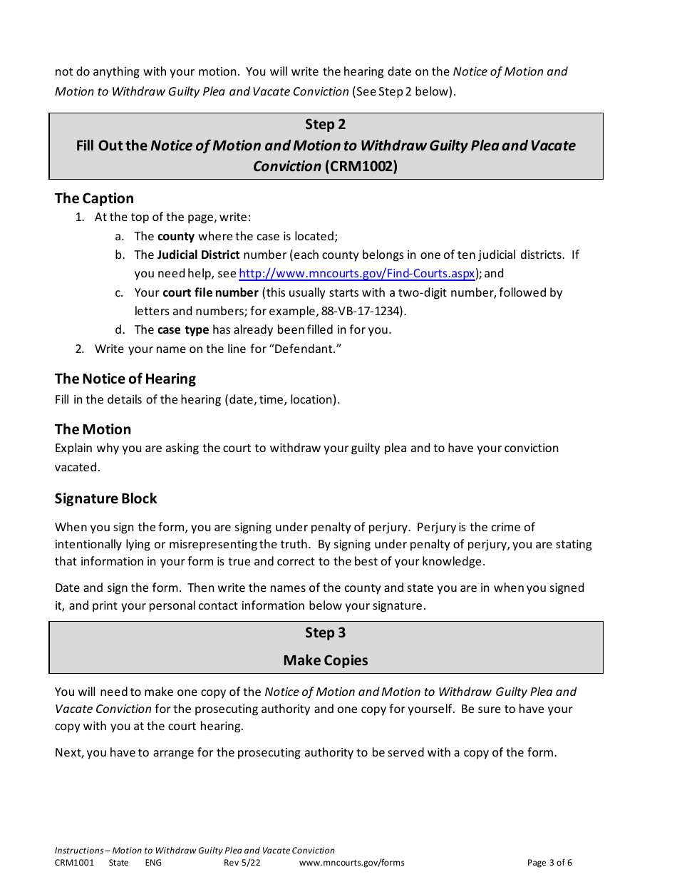 Form CRM1001 Instructions - Motion to Withdraw Guilty Plea and Vacate Conviction - Minnesota, Page 3
