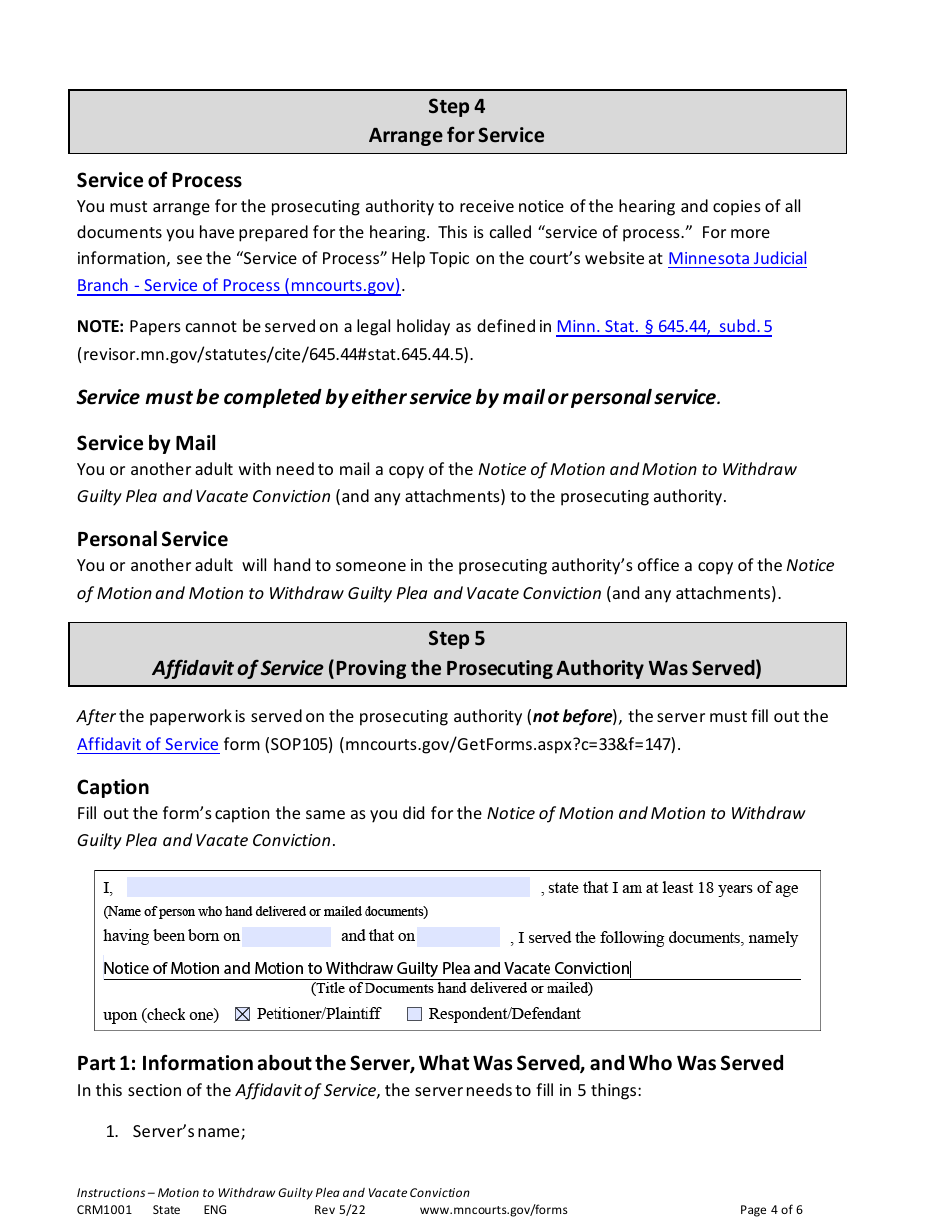 Form CRM1001 Instructions - Motion to Withdraw Guilty Plea and Vacate Conviction - Minnesota, Page 4