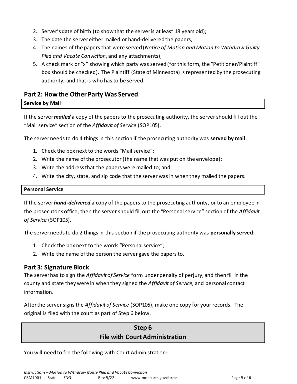 Form CRM1001 Instructions - Motion to Withdraw Guilty Plea and Vacate Conviction - Minnesota, Page 5