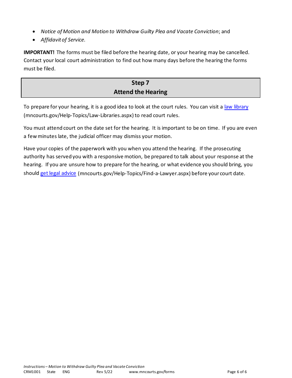 Form CRM1001 Instructions - Motion to Withdraw Guilty Plea and Vacate Conviction - Minnesota, Page 6