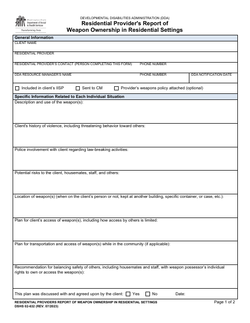 DSHS Form 02-632 Residential Provider&#039;s Report of Weapon Ownership in Residential Settings - Washington
