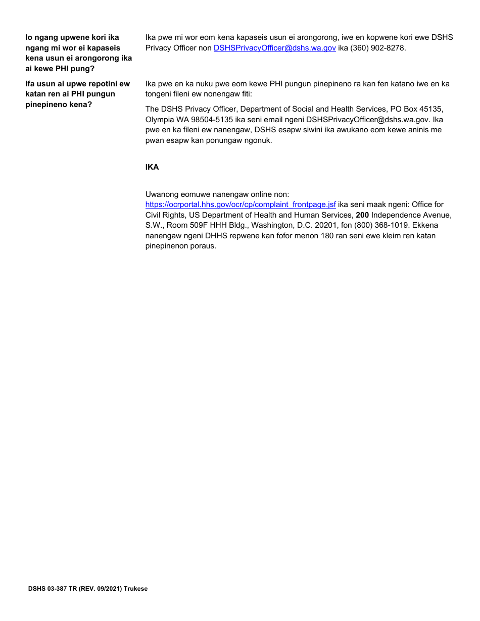 DSHS Form 03-387 Dshs Notice of Privacy Practices for Client Medical Information - Washington (Trukese), Page 3