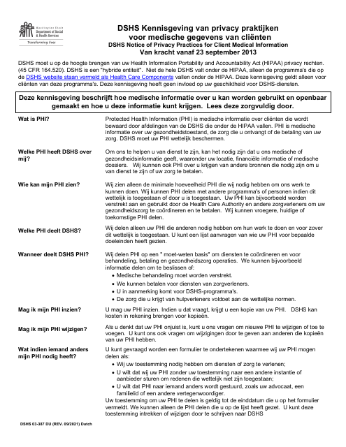 DSHS Form 03-387 Dshs Notice of Privacy Practices for Client Medical Information - Washington (Dutch)