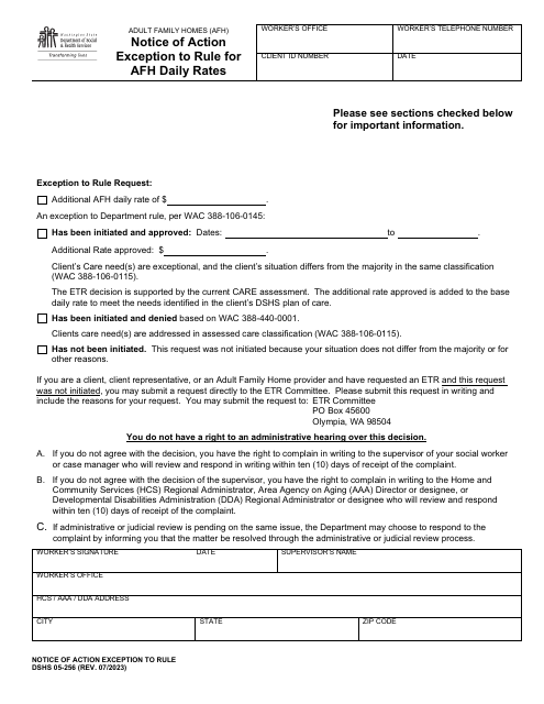DSHS Form 05-256 Notice of Action Exception to Rule for Afh Daily Rates - Washington