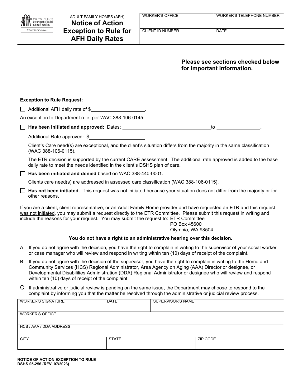 DSHS Form 05-256 Notice of Action Exception to Rule for Afh Daily Rates - Washington, Page 1