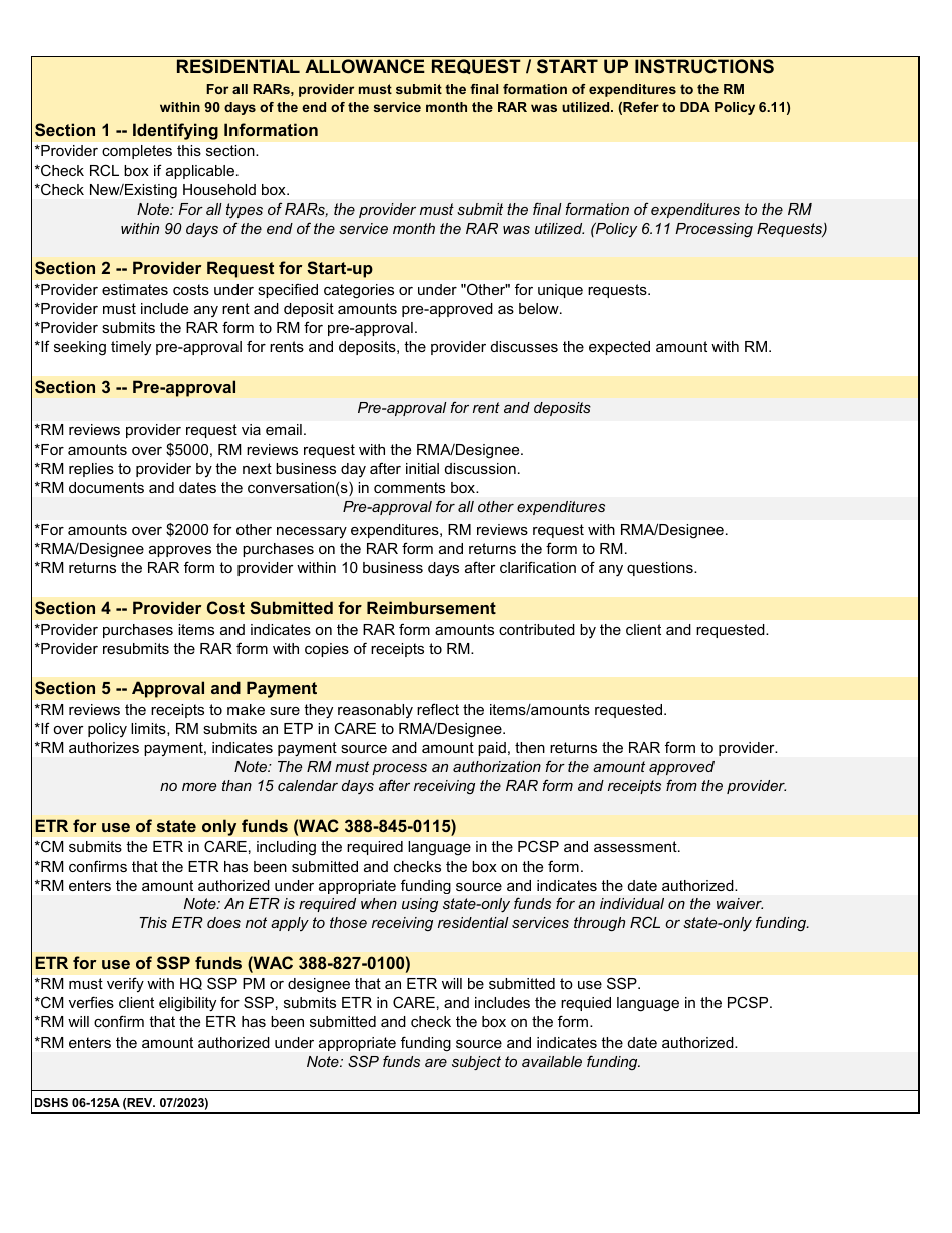 DSHS Form 06-125A Residential Allowance Request - Start-Up Costs - Washington, Page 2
