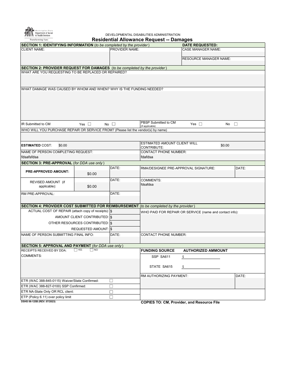 Dshs Form 06 125b Download Printable Pdf Or Fill Online Residential